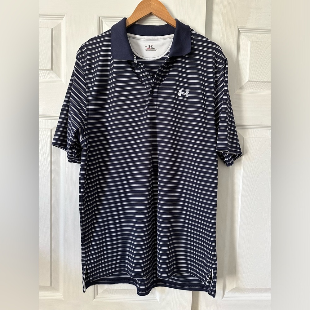 Under Armour Men’s Polo, Heat gear, navy white stripes, Large
